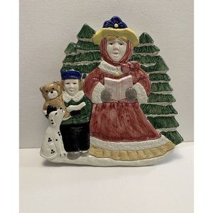 Vtg Fitz Floyd Omnibus Christmas Caroler Plate 3D Lady Child Teddy Bear Dog READ